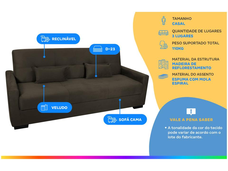 Sofá-cama 3 Lugares Casal Reclinável Veludo Matrix Lavínia - 1