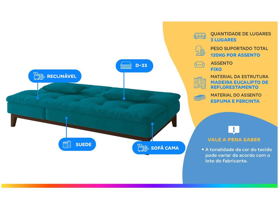 Sofá-cama 3 Lugares Reclinável Suede Linoforte Jade - 1