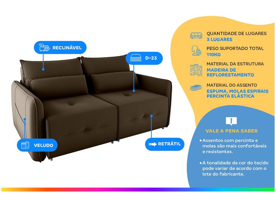 Sofá-cama 3 Lugares Retrátil Bipartido Reclinável Veludo Matrix Celine - 1