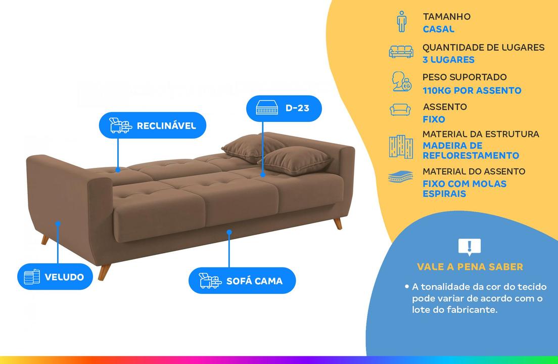 Sofá-cama Casal 3 Lugares com Baú Reclinável Veludo Matrix Pâmela - 1