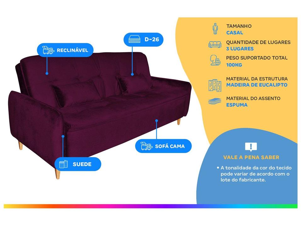Sofá-cama Casal 3 Lugares Reclinável Suede Matrix Donna - 3