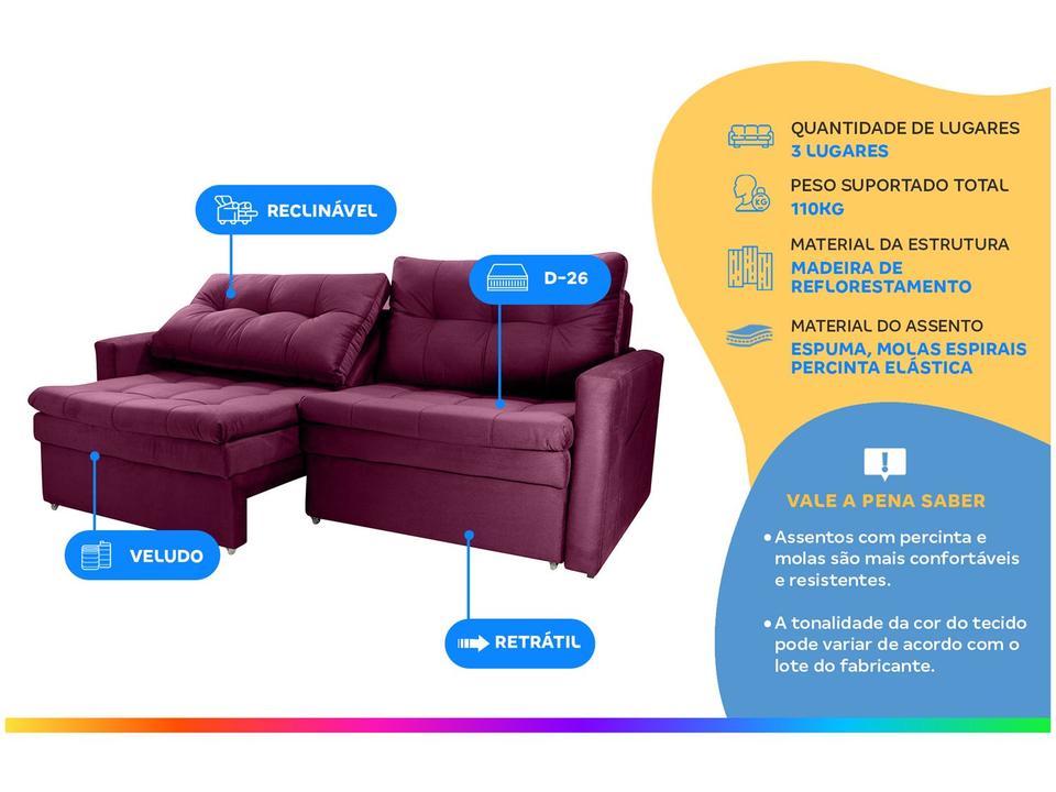 Sofá-cama Lugares Retrátil Bipartido Reclinável Veludo Matrix Nayla - 1