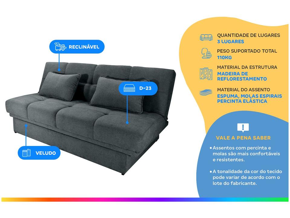Sofá-cama Lugares Retrátil com Baú Reclinável Veludo Sany - 1