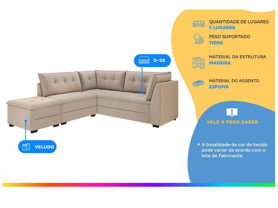 Sofá de Canto 5 Lugares com Puff Veludo Benfica Besthouse - 1
