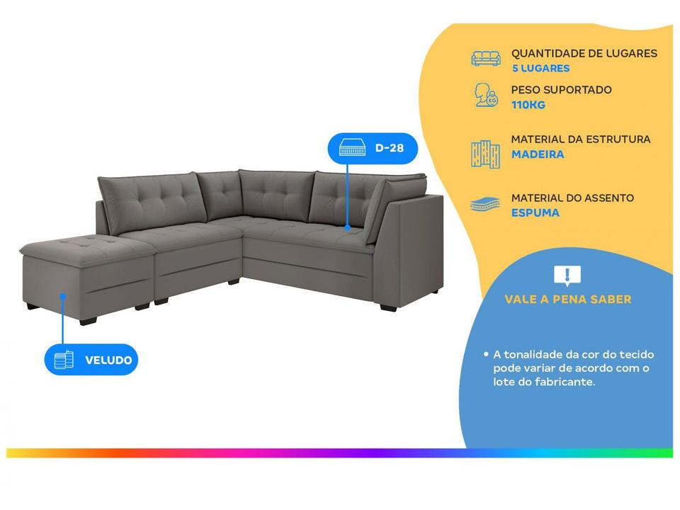 Sofá de Canto 5 Lugares com Puff Veludo Benfica Besthouse - 1