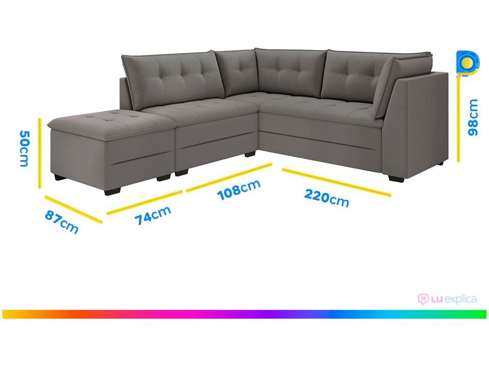 Sofá de Canto 5 Lugares com Puff Veludo Benfica Besthouse - 2