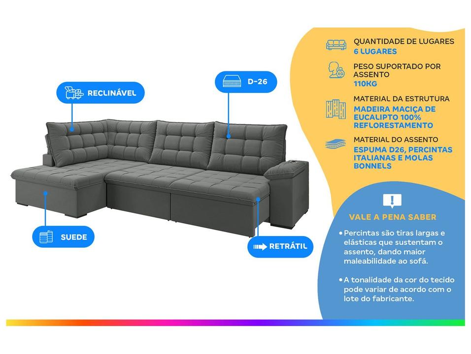 Sofá de Canto 6 Lugares Retrátil Reclinável Suede Veludo Dallas Flexforma Estofados - 3