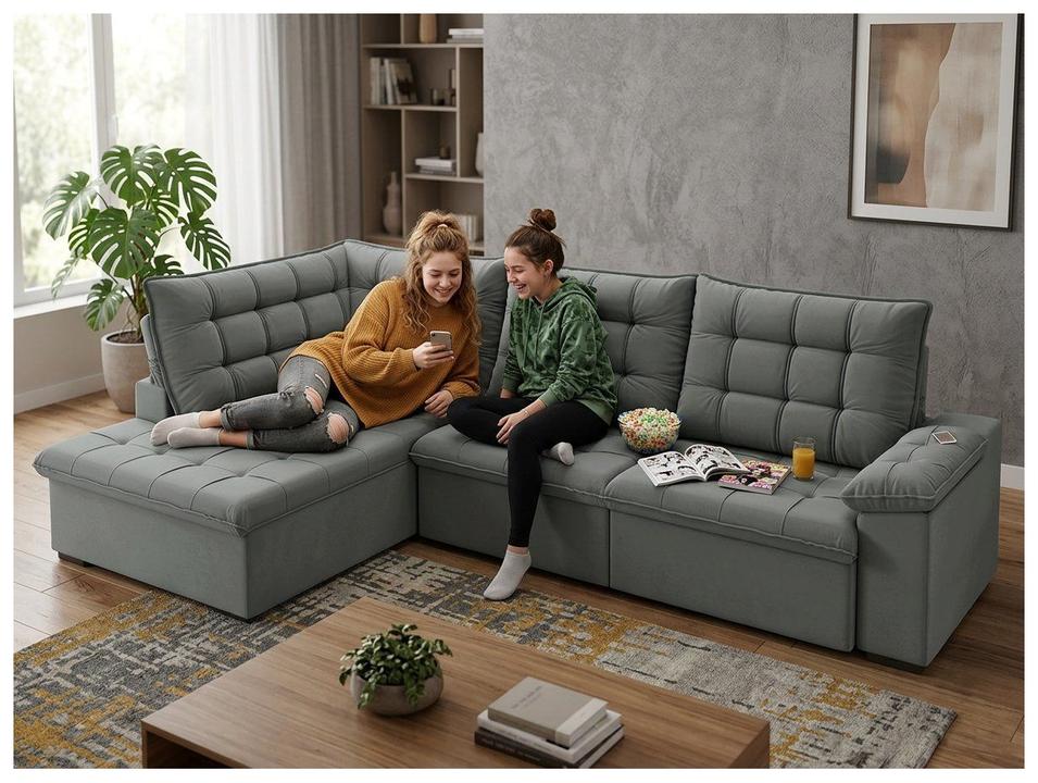 Sofá de Canto 6 Lugares Retrátil Reclinável Suede Veludo Dallas Flexforma Estofados - 6