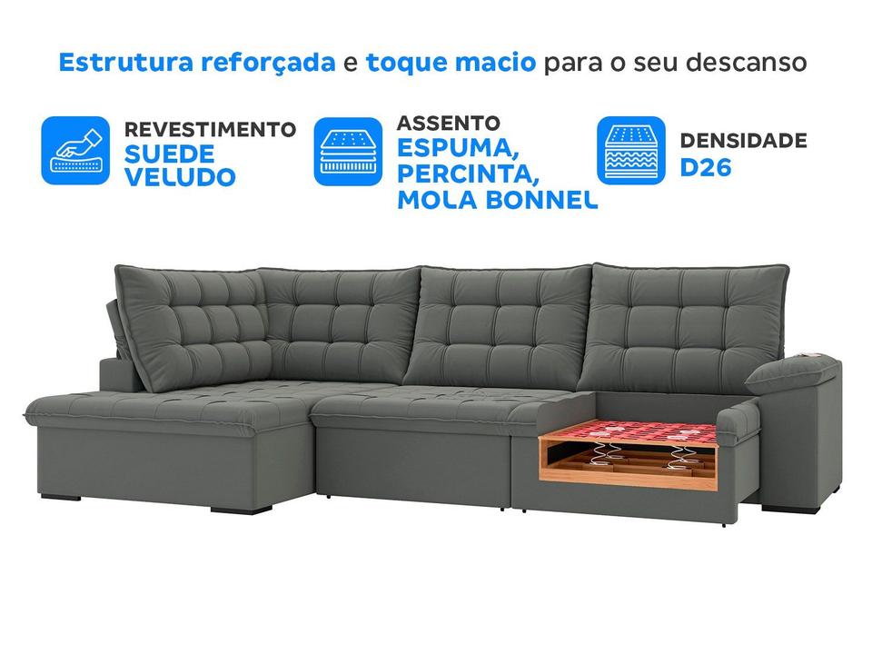 Sofá de Canto 6 Lugares Retrátil Reclinável Suede Veludo Dallas Flexforma Estofados - 3
