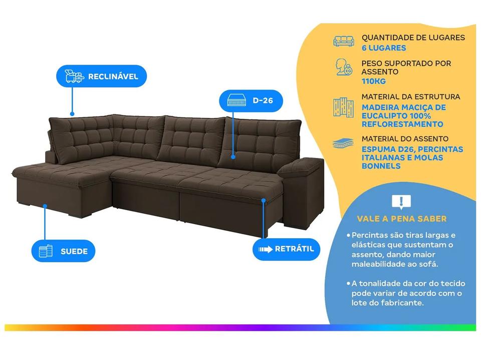 Sofá de Canto 6 Lugares Retrátil Reclinável Suede Veludo Dallas Flexforma Estofados - 1