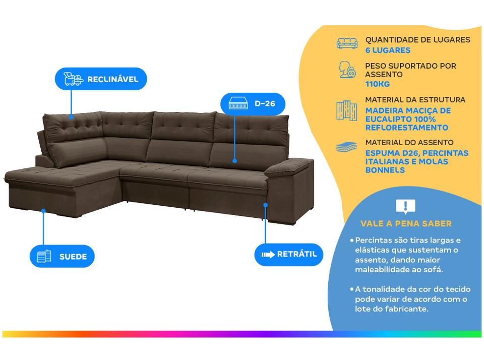 Sofá de Canto 6 Lugares Retrátil Reclinável Suede Veludo Madrid Flexforma Estofados - 1