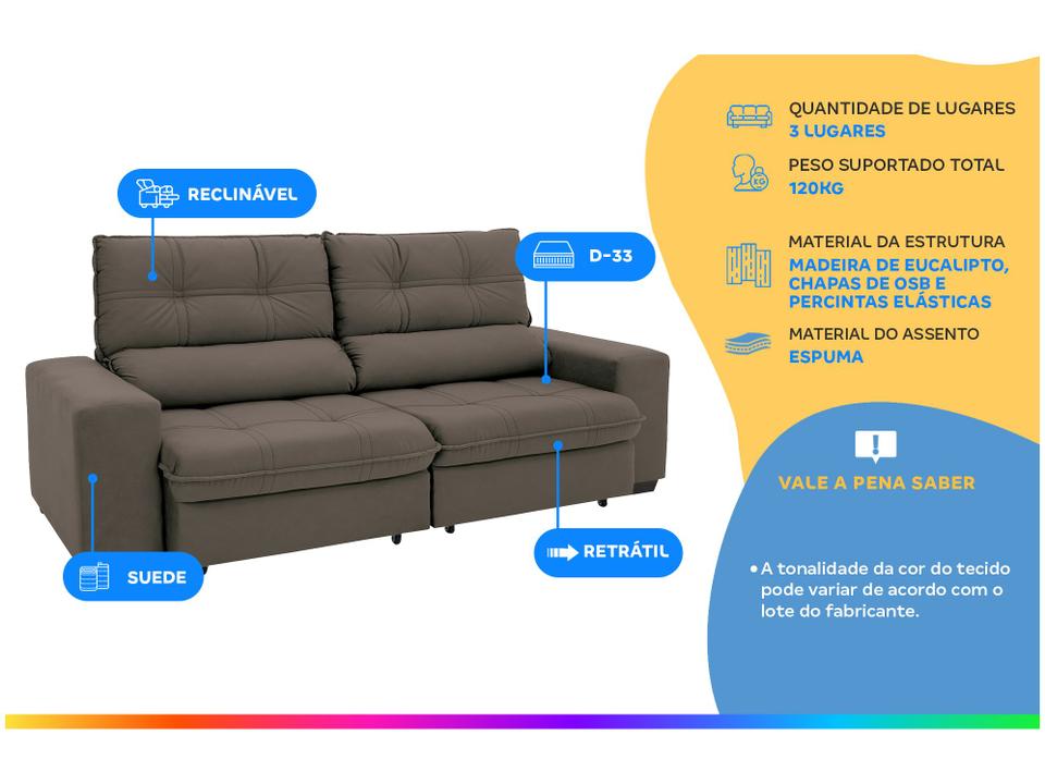 Sofá Retrátil Reclinável 3 Lugares Suede Brunello - 1