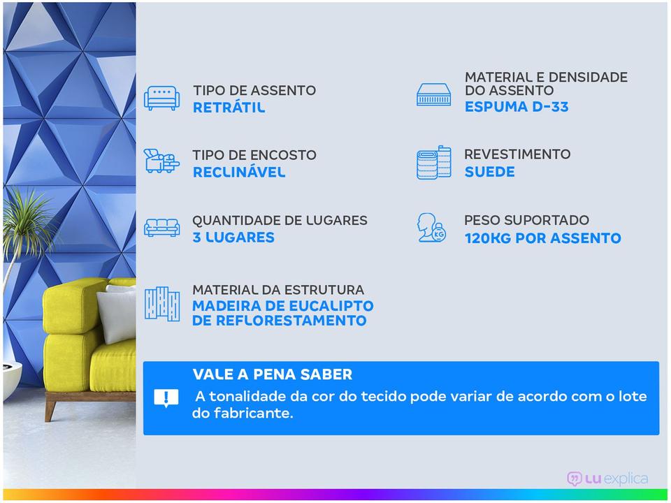 Sofá Retrátil Reclinável 3 Lugares Suede Hannover Linoforte - 1