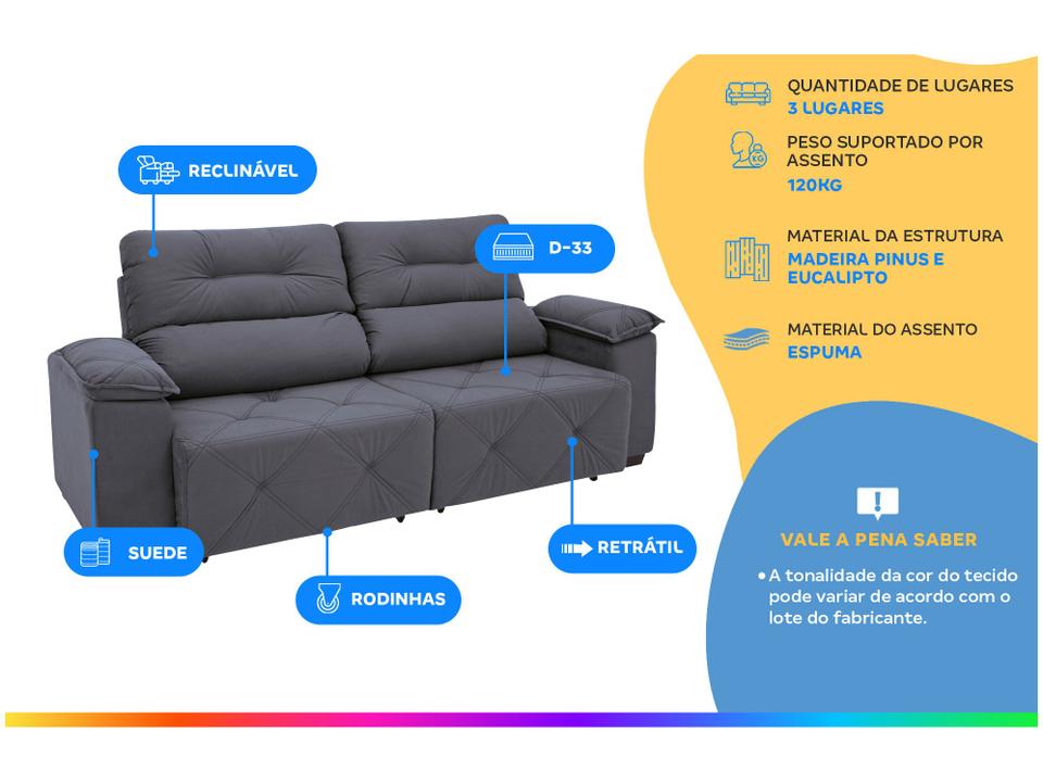 Sofá Retrátil Reclinável 3 Lugares Suede Moviment Grazzia Linoforte - 1