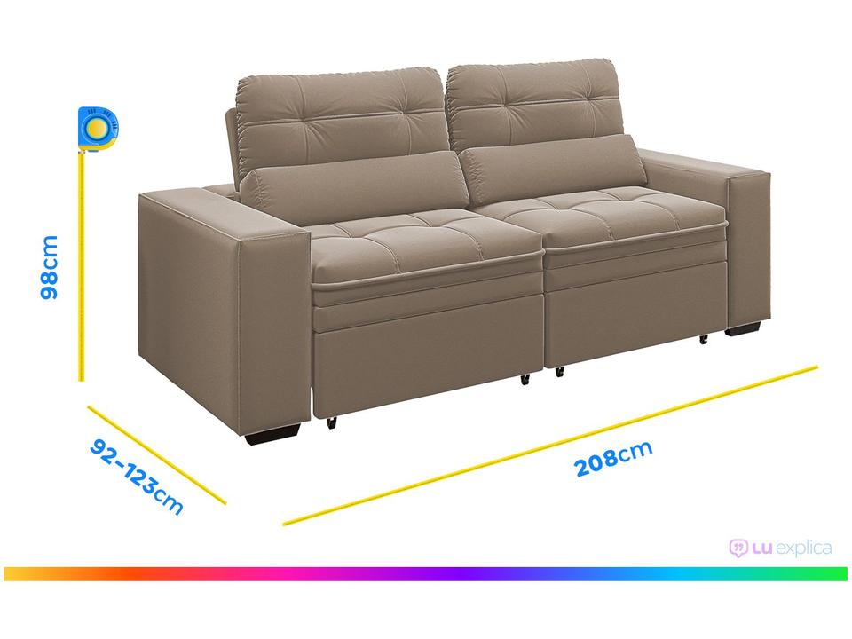 Sofá Retrátil Reclinável 3 Lugares Veludo com Baú - 2
