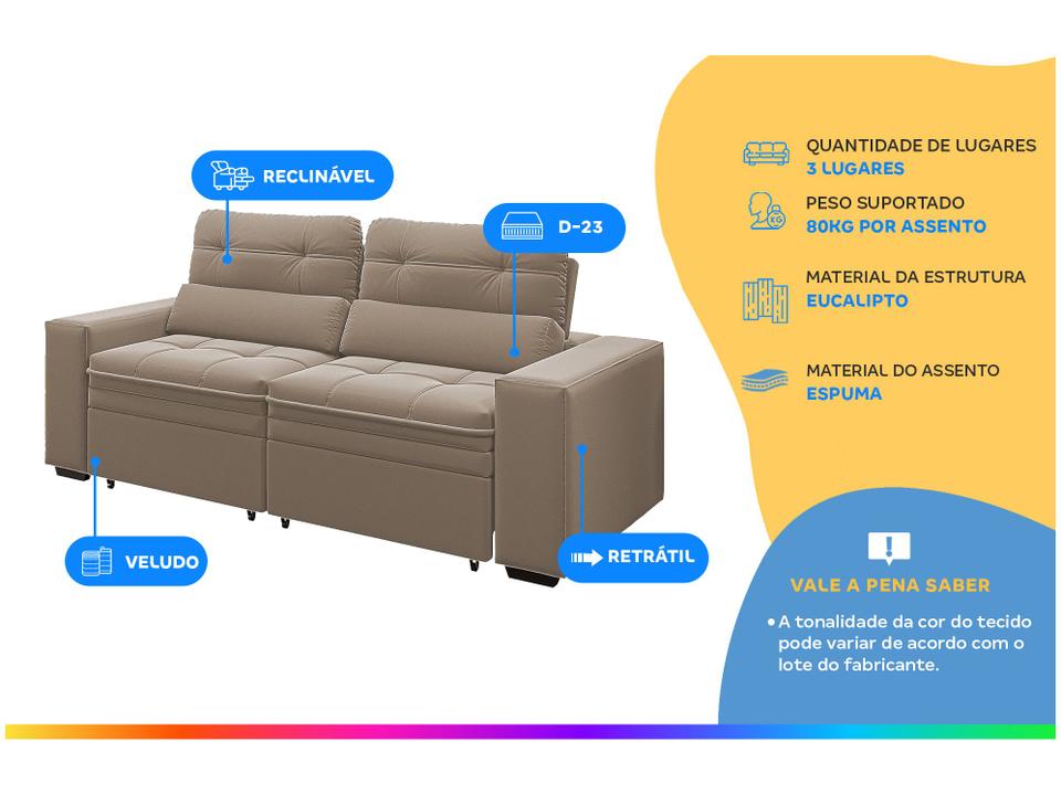 Sofá Retrátil Reclinável 3 Lugares Veludo com Baú - 1