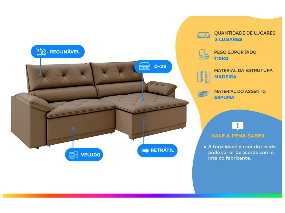 Sofá Retrátil Reclinável 3 Lugares Veludo Ibiza Besthouse - 1