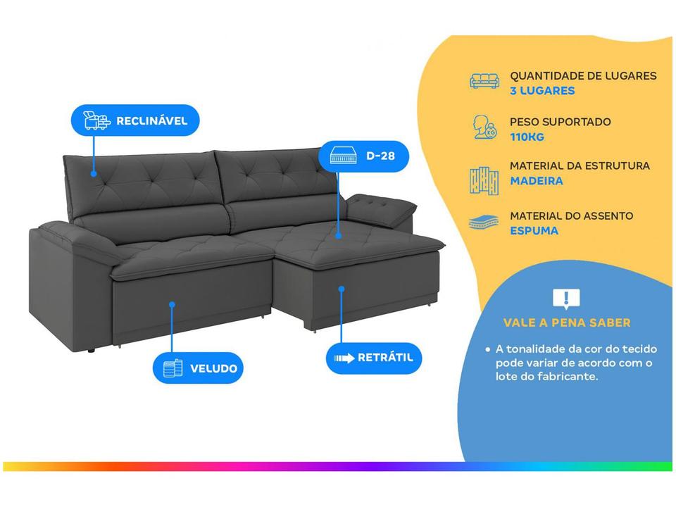 Sofá Retrátil Reclinável 3 Lugares Veludo Ibiza Besthouse - 1