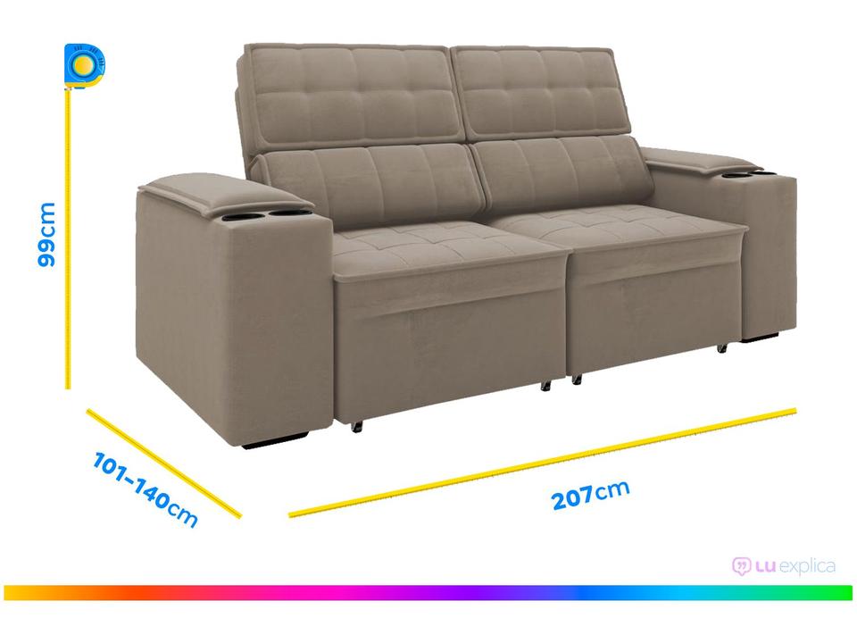 Sofá Retrátil Reclinável 3 Lugares Veludo Joly Cancún Gralha Azul Estofados - 2