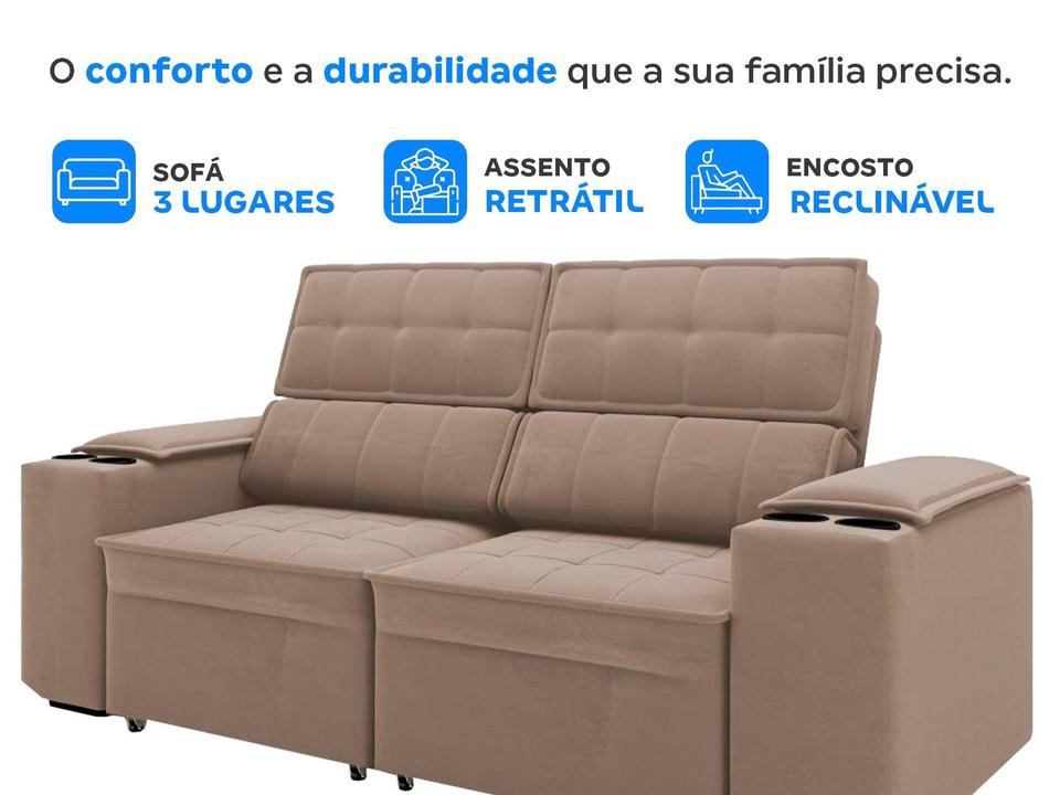 Sofá Retrátil Reclinável 3 Lugares Veludo Joly Cancún Gralha Azul - 2