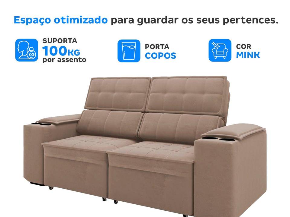Sofá Retrátil Reclinável 3 Lugares Veludo Joly Cancún Gralha Azul - 4