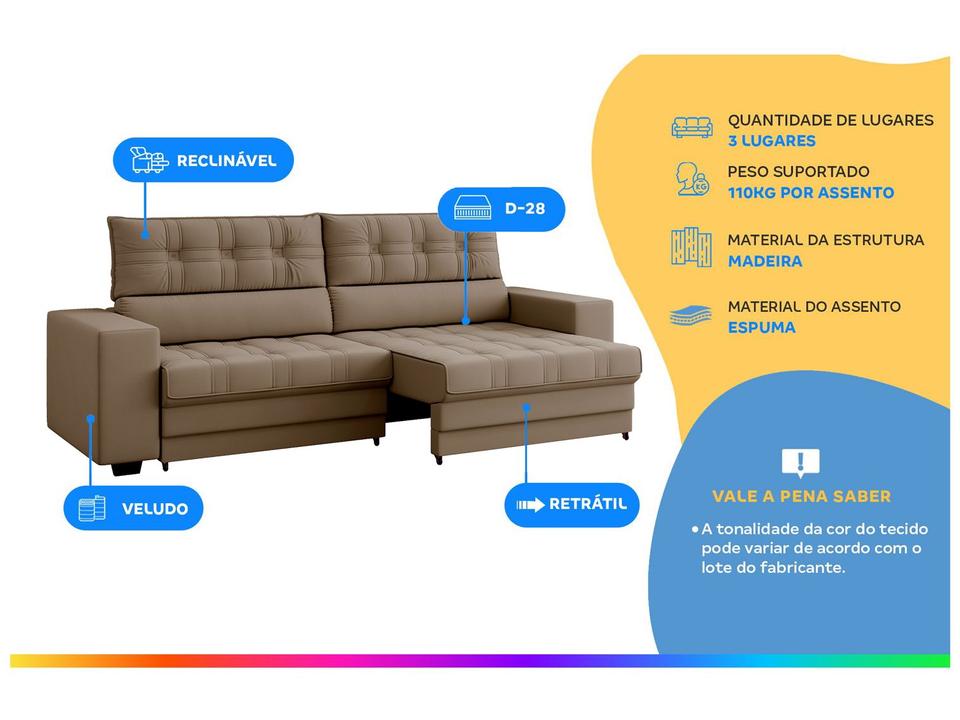 Sofá Retrátil Reclinável 3 Lugares Veludo Medelín Besthouse - 1