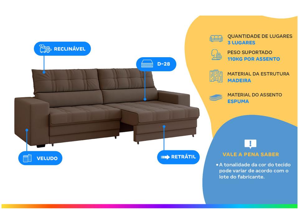 Sofá Retrátil Reclinável 3 Lugares Veludo Medelín Besthouse - 1