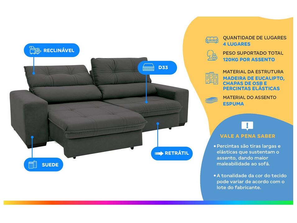 Sofá Retrátil Reclinável 4 Lugares Suede Brunello Linoforte - 3