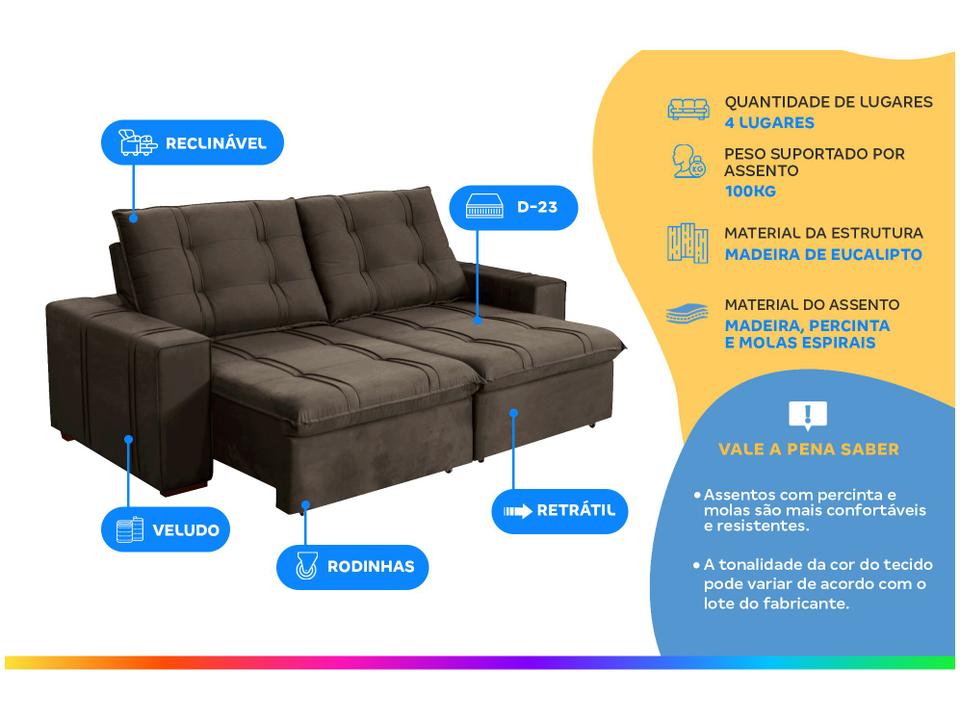 Sofá Retrátil Reclinável 4 Lugares Veludo Joly Bipartido Tallin Plus Gralha Azul - 1