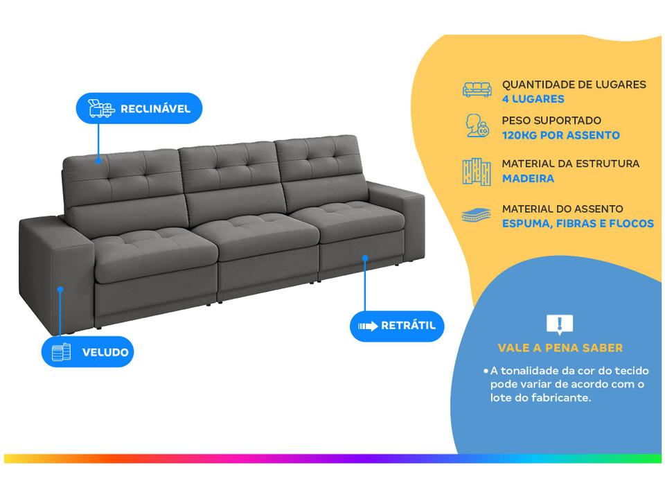 Sofá Retrátil Reclinável 4 Lugares Veludo Roma Besthouse - 1