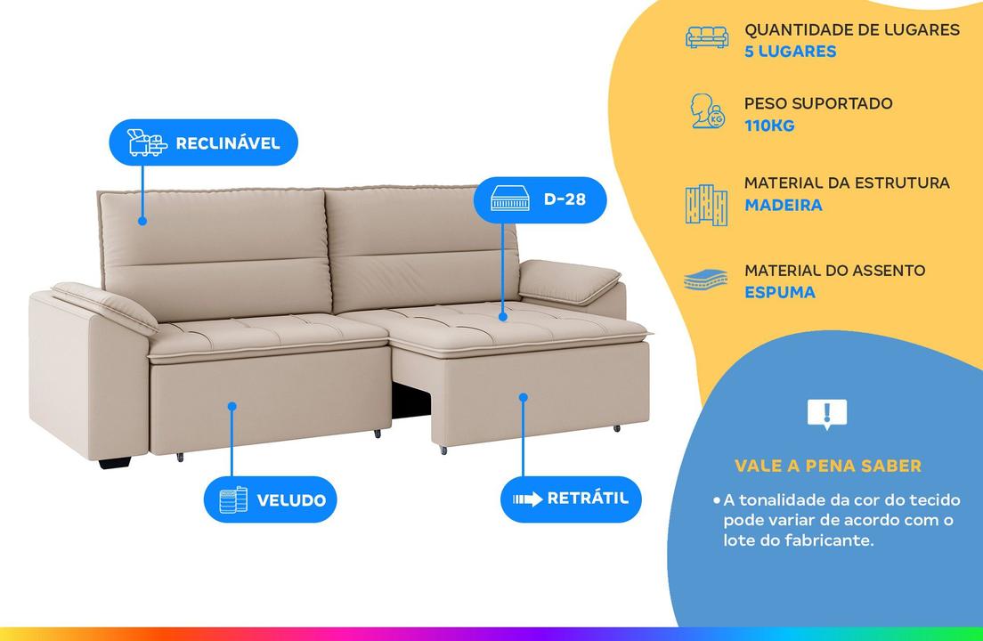 Sofá Retrátil Reclinável 5 Lugares Veludo Panamá Besthouse - 1