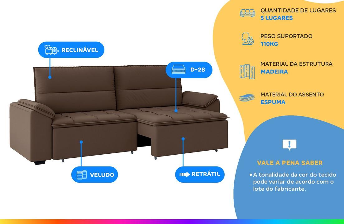 Sofá Retrátil Reclinável 5 Lugares Veludo Panamá Besthouse - 1