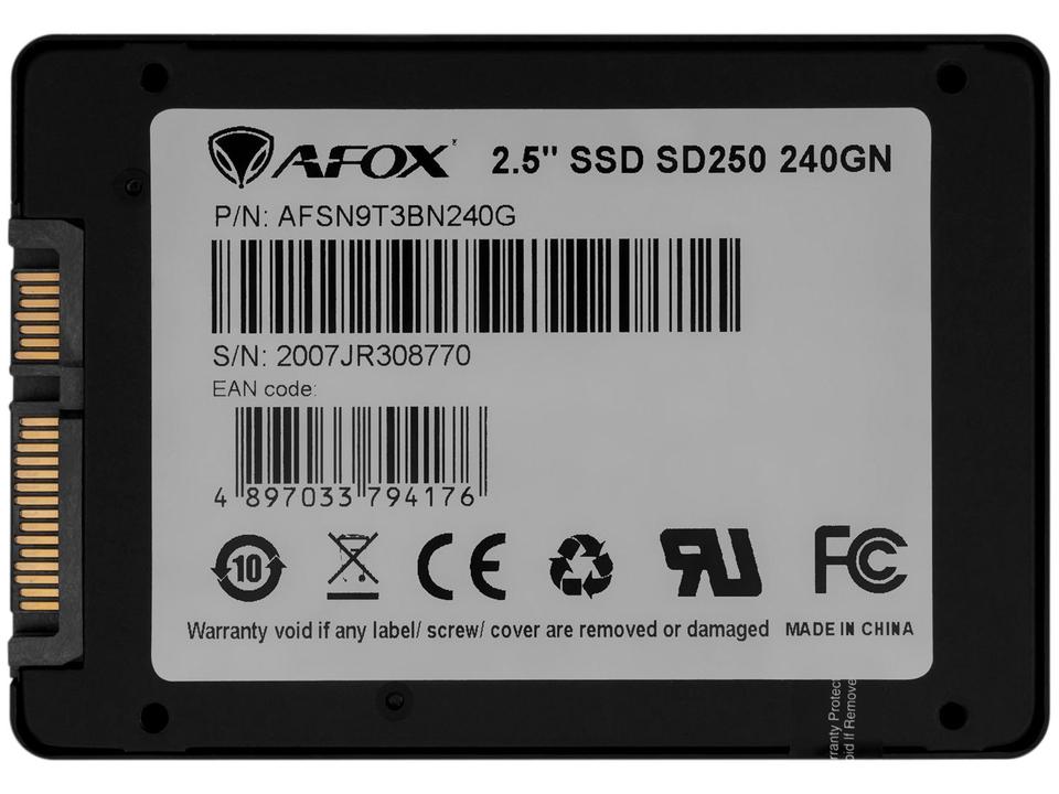 SSD 240GB Afox SATA 2,5” Leitura até 548MB/s - 2