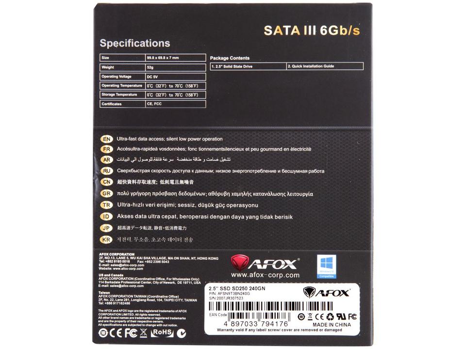 SSD 240GB AFOX SD250-240GN SATA III Leitura 560MB/s e Gravação 500MB/s - 5