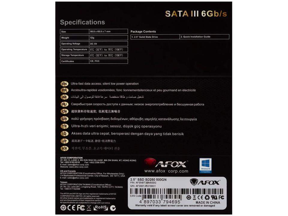 SSD 500GB AFOX SD250-500GN SATA III Leitura 560MB/s e Gravação 512MB/s - 5