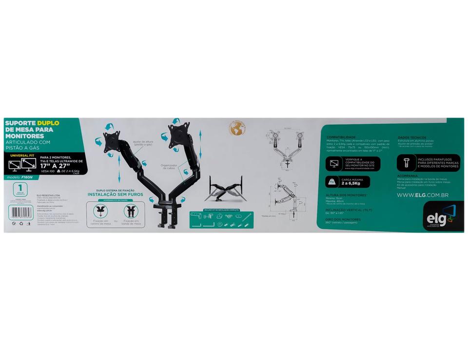 Suporte Ergonômico Articulado de Mesa com Pistão a Gás para 2 Monitores de 17” a 35” F160N - 15