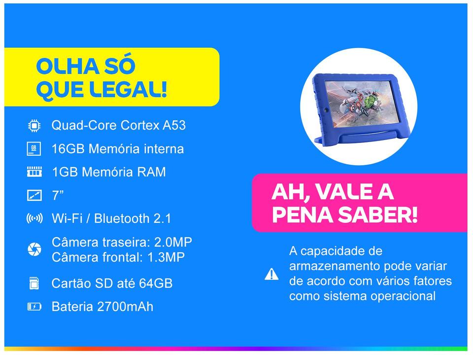 Tablet Infantil Multilaser Vingadores Plus - com Capa 7” Wi-Fi 16GB Android 8.1 Quad-Core - 1