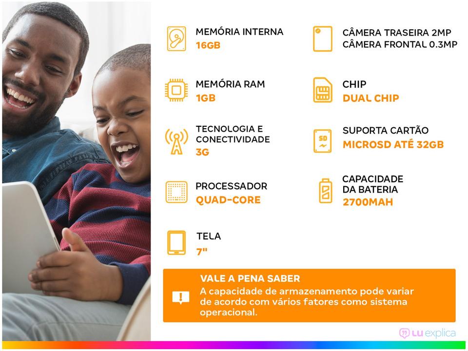 Tablet Infantil Philco PTB7RSG3G KIDS com Capa 7” - 3G Wi-Fi 16GB Android 9 Quad-Core Câm. 5MP - 1