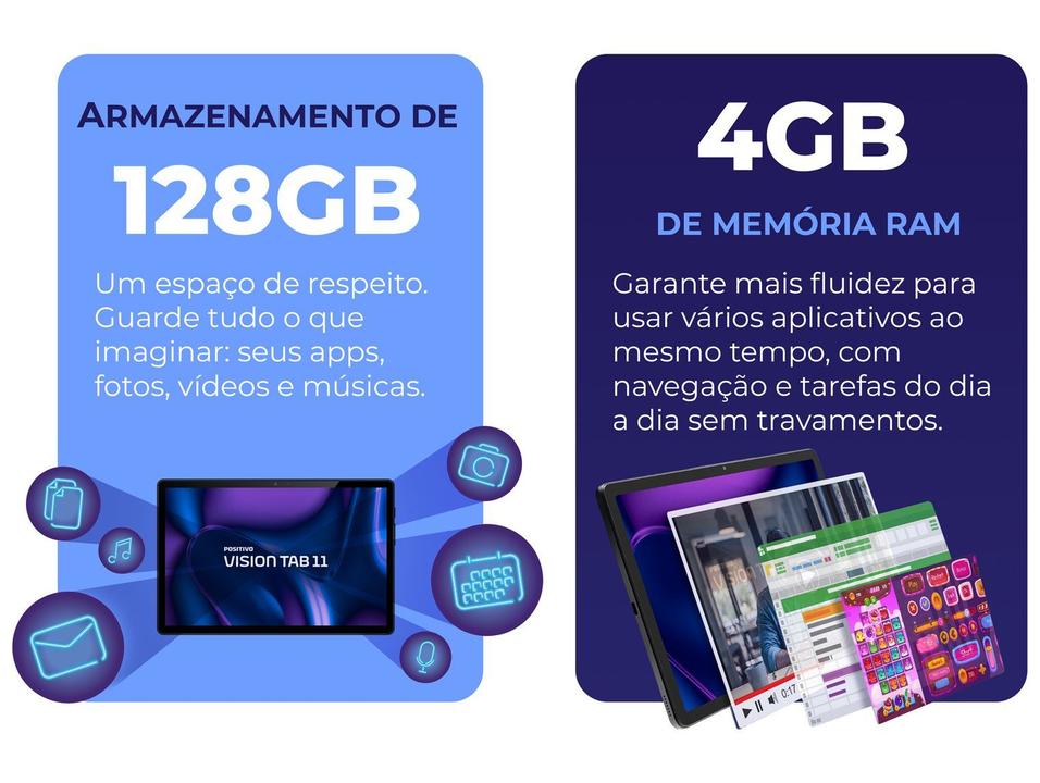 Tablet Positivo Vision Tab com Caneta e Capa com Teclado 4GB RAM 128GB 11" Android 16 UniSOC T606 Octa-Core Wi-Fi 4G - 3