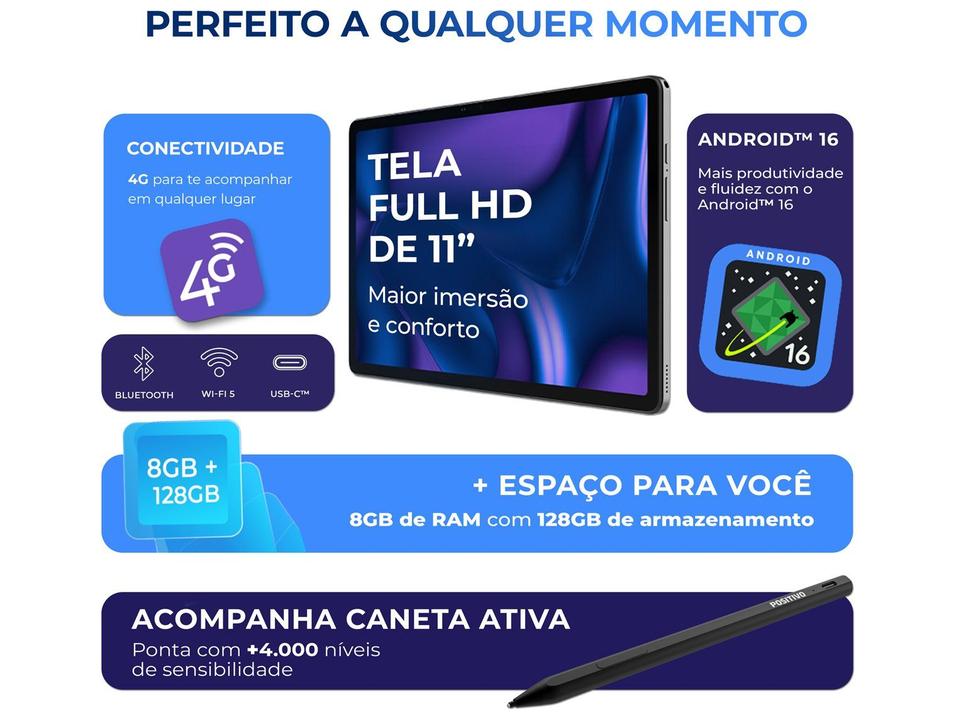 Tablet Positivo Vision Tab com Caneta e Capa com Teclado 4GB RAM 128GB 11" Android 16 UniSOC T606 Octa-Core Wi-Fi 4G - 2