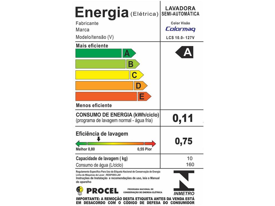 Tanquinho de Lavar Roupas Semiautomático Colormaq 10Kg LCS 10 BR - 11