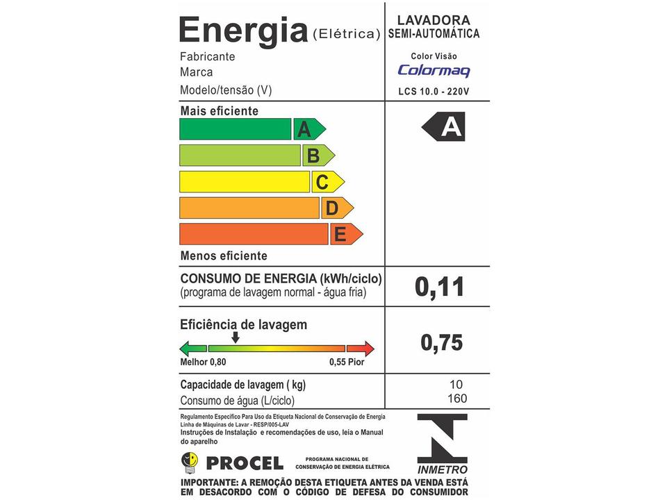 Tanquinho de Lavar Roupas Semiautomático Colormaq 10Kg LCS 10 BR - 11