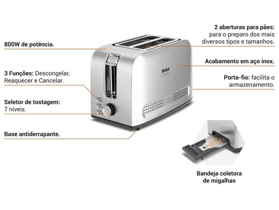 Torradeira Philco Inox 2 Fatias 7 Níveis de Tostagem PTR03A 56201043 - 2