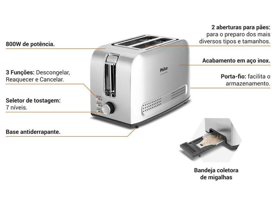 Torradeira Philco Inox 2 Fatias 7 Níveis de Tostagem PTR03A 56201043 - 2