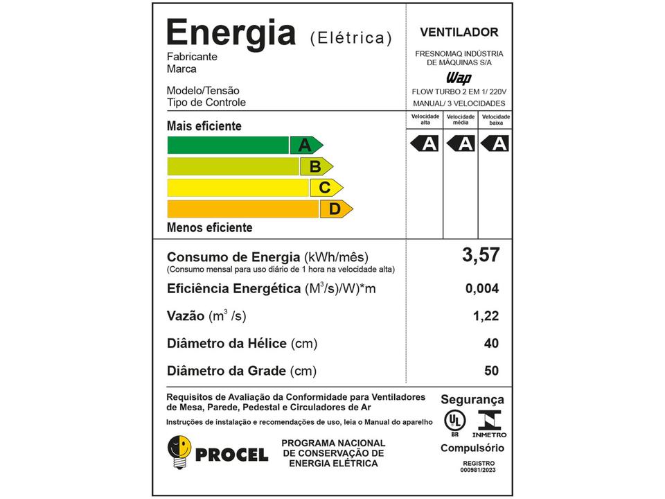Ventilador 2 em 1 Wap Flow Turbo 50cm 8 Pás 3 Velocidades Preto e Cinza - 21