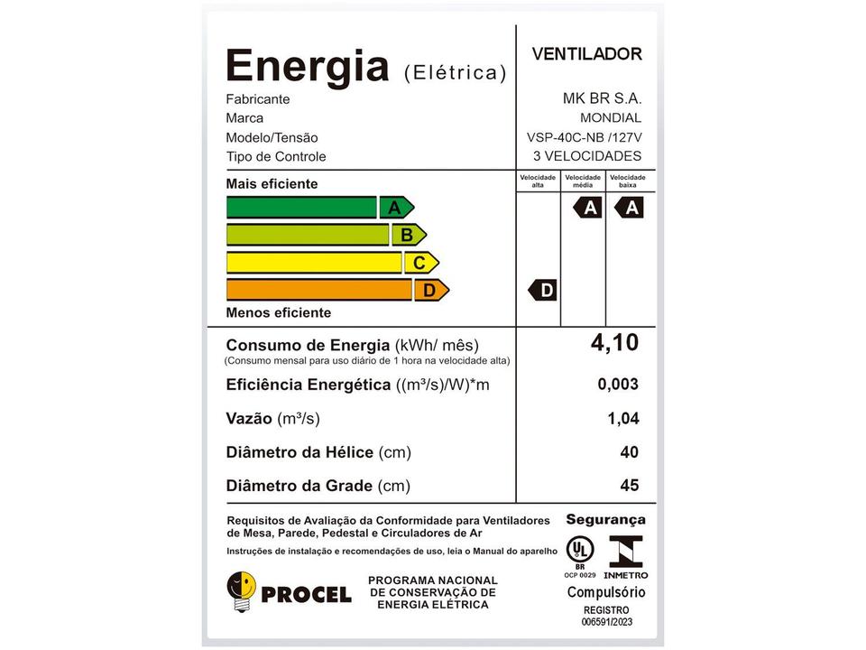 Ventilador de Coluna Mondial Super Power VSP-40C-NB 40cm 6 Pás 3 Velocidades Preto - 8