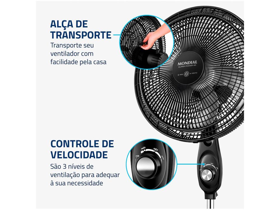 Ventilador de Coluna Mondial Super Power VSP-40C-NB 40cm 6 Pás 3 Velocidades Preto - 6