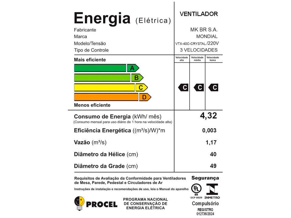 Ventilador de Coluna Mondial Super Turbo VTX-40C-Crystal 40cm 8 Pás 3 Velocidades Preto - 15
