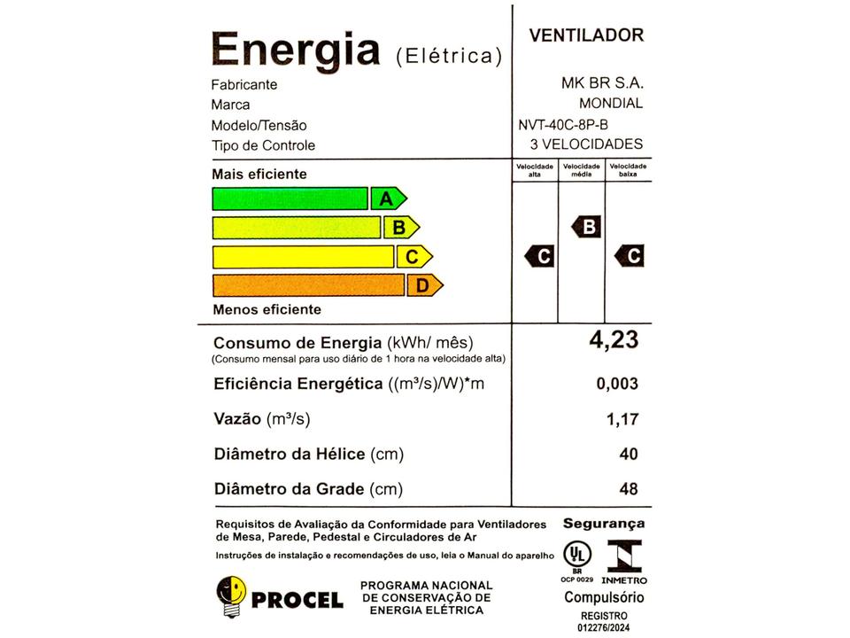Ventilador de Coluna Mondial Turbo NVT-40C-8P-B 40cm 8 Pás 3 Velocidades Preto e Prata - 15