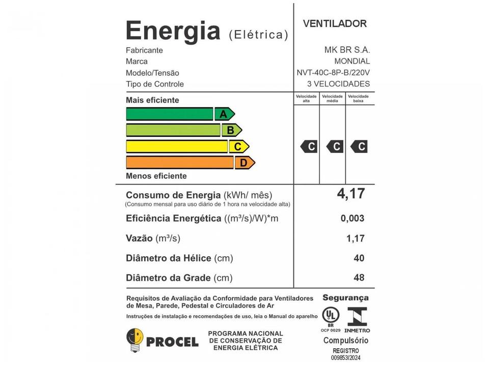 Ventilador de Coluna Mondial Turbo NVT-40C-8P-B 40cm 8 Pás 3 Velocidades Preto e Prata - 15